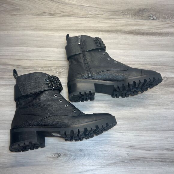 DESIGNER RUNWAY KARL LAGERFELD PARIS BLACK CRYSTAL PIPPA LEATHER COMBAT BOOT 11 - Picture 2 of 12